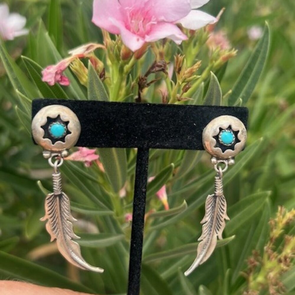 NAVAJO 925 Silver Turquoise Shadow Box Dangle Feather EARRINGS